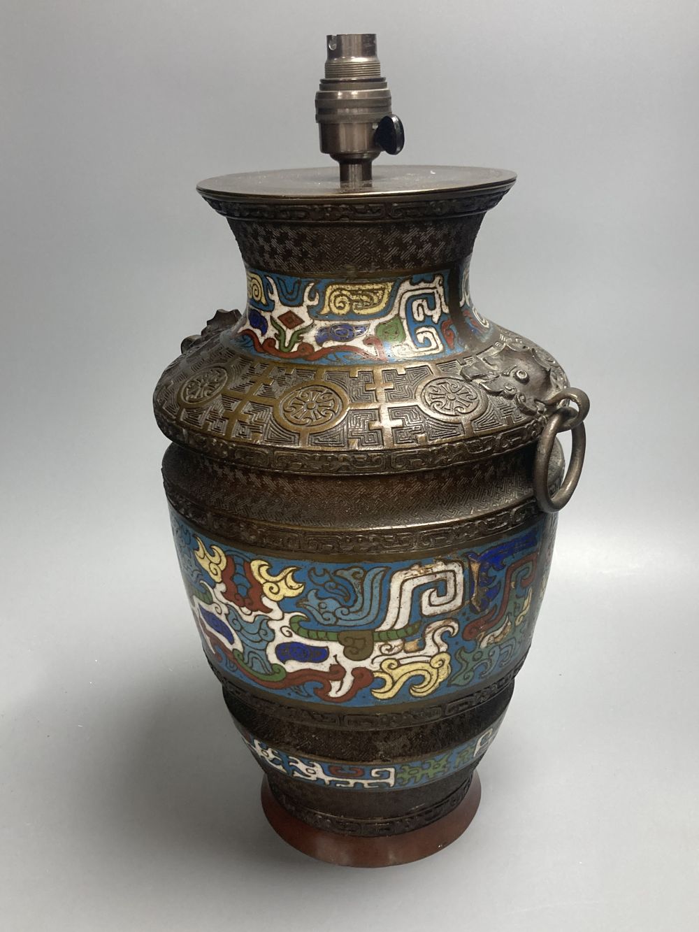 A Japanese bronze and cloisonne-enamelled vase, converted to a lamp, 37cm